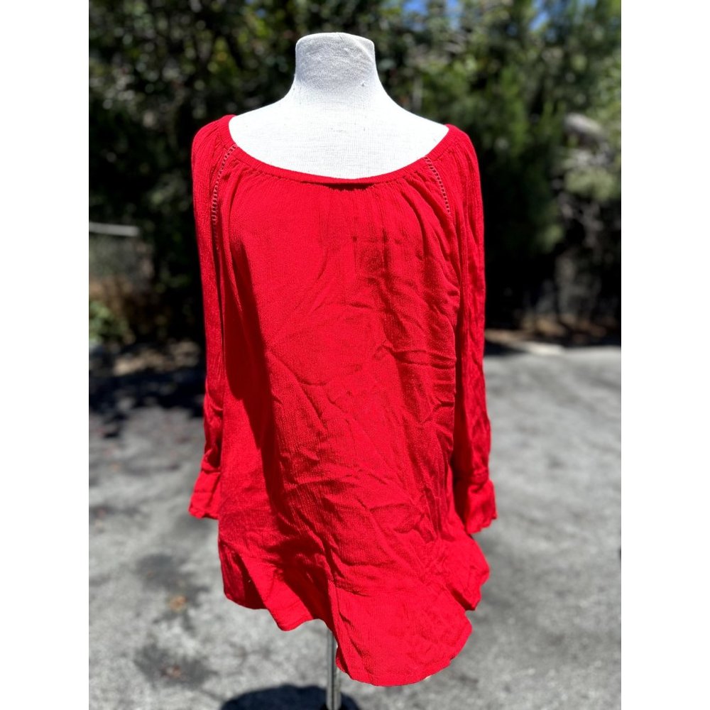 International Concepts Blouse Womens 2 Extra Large Red Trim Knit Lace Round Neck